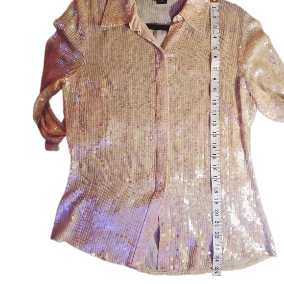 100% SILK SQUARE SEQUIN IRIDESCENT BLOUSE Button Down with Shirt Collar Medium - Picture 12 of 13